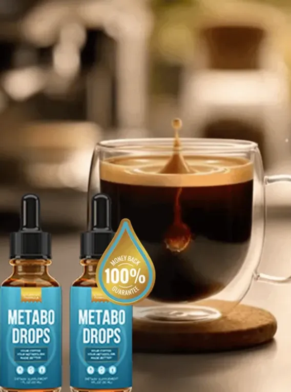 An informative overhead view of Metabo Drops liquid serum, showcasing its integration into a daily wellness routine as a potent super coffee enhancer.